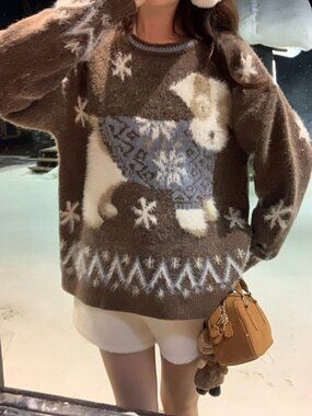 Coffee Brown Cozy Women's Fuzzy Round Neck Long Sleeve Sweater